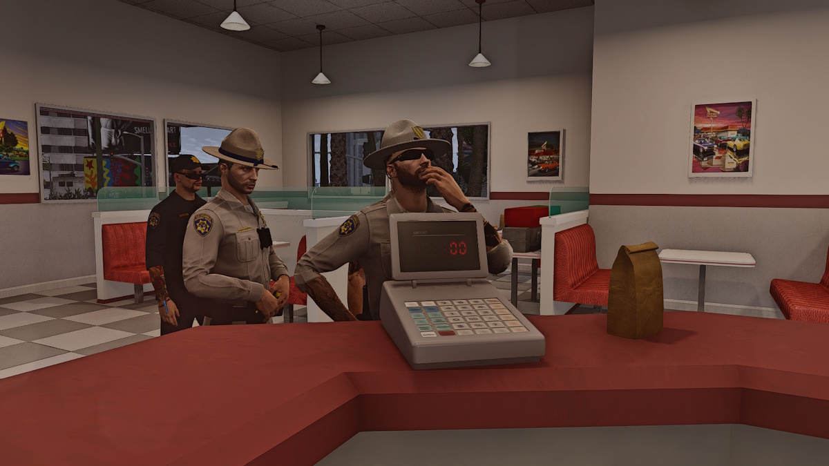 Project Western officers catching up at a diner counter